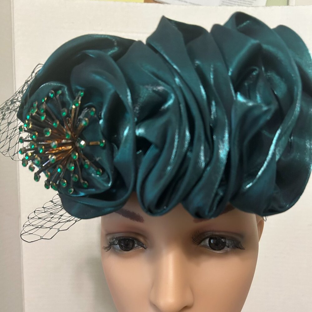 Beautiful Dark Green Open Topped Hat with Ruffles and a Starburst Pin